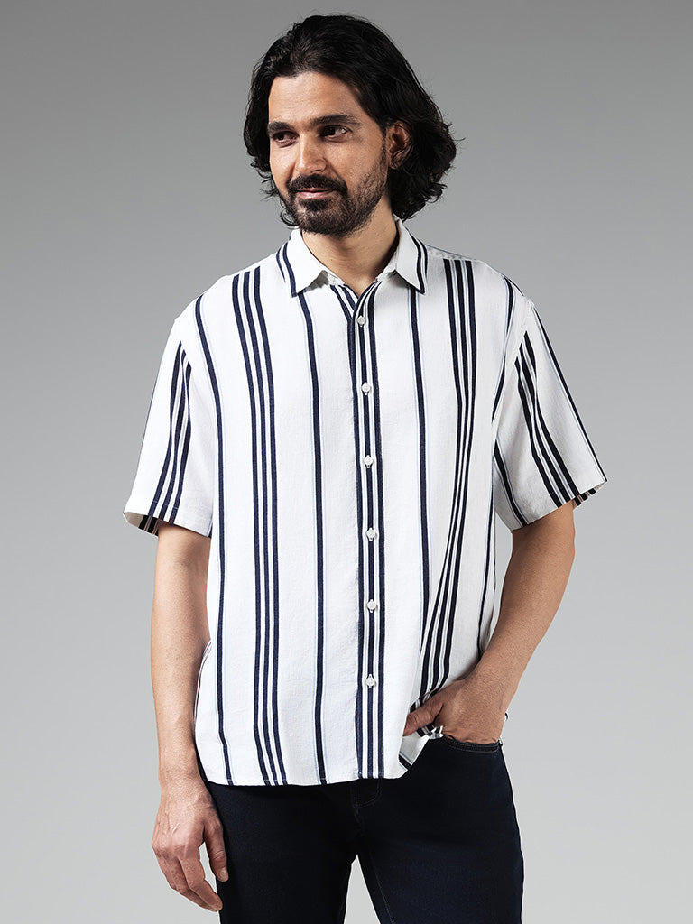 Ascot White Striped Relaxed Fit Blended Linen Shirt