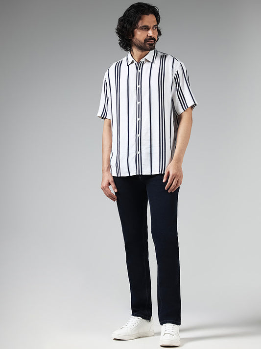 Ascot White Striped Relaxed-Fit Blended Linen Shirt