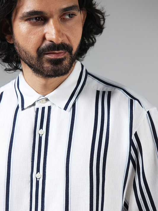 Ascot White Striped Relaxed-Fit Blended Linen Shirt