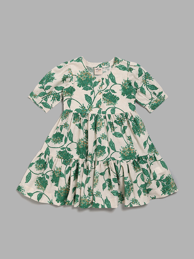 Utsa Kids Off White & Green Floral Printed Tiered Dress