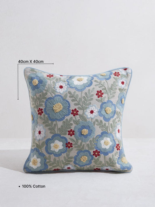 Westside Home Aqua Floral Embroidered Cushion Cover