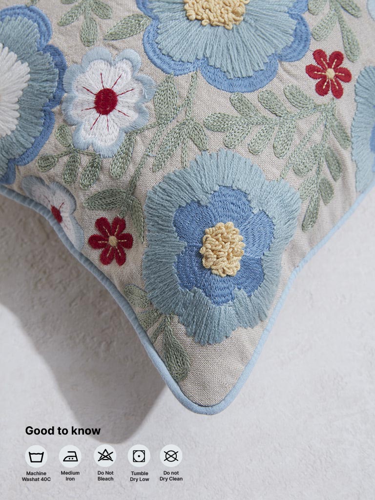 Westside Home Aqua Floral Embroidered Cushion Cover