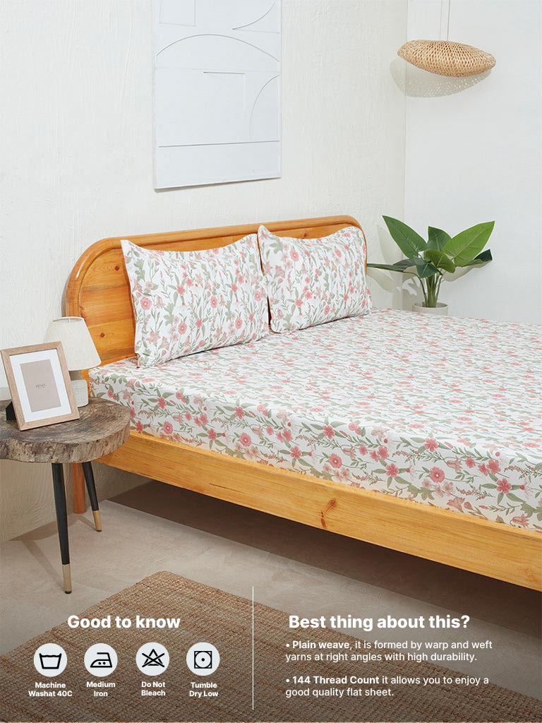 Westside Home Blush Pink Chintz Floral Print King Bed Flat Sheet and Pillowcase Set