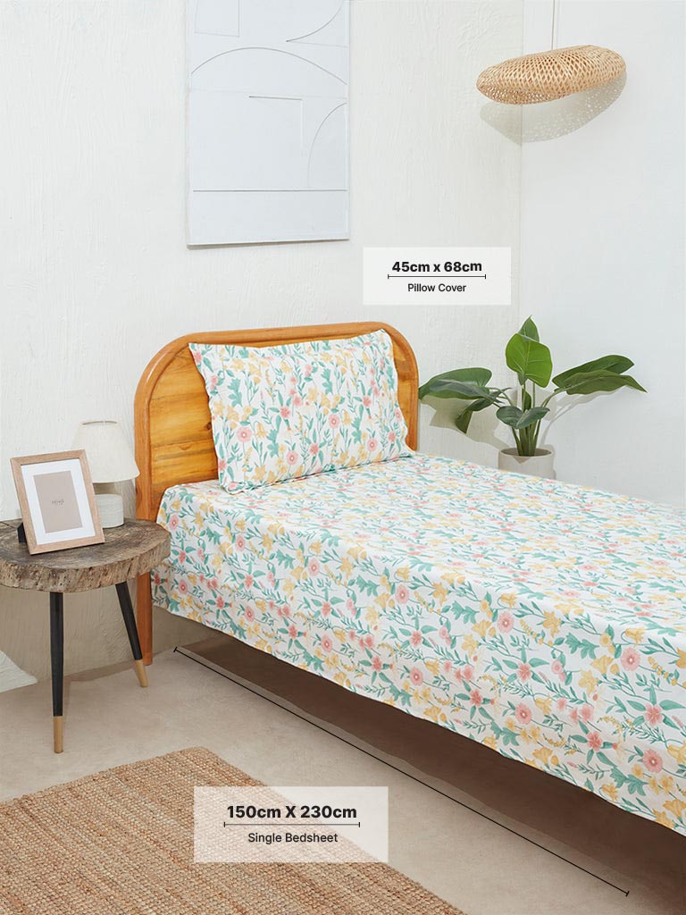 Westside Home Multicolor Floral Print Single Bed Flat Sheet and Pillowcase Set