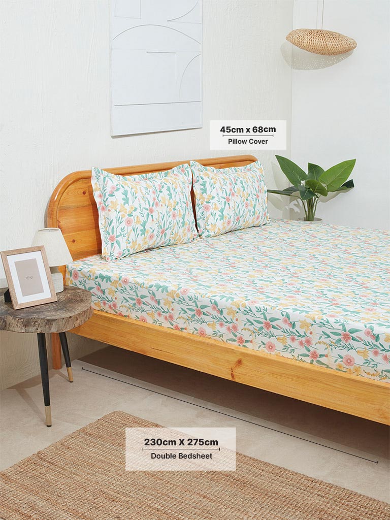 Westside Home Multicolor Floral Print Double Bed Flat Sheet and Pillowcase Set