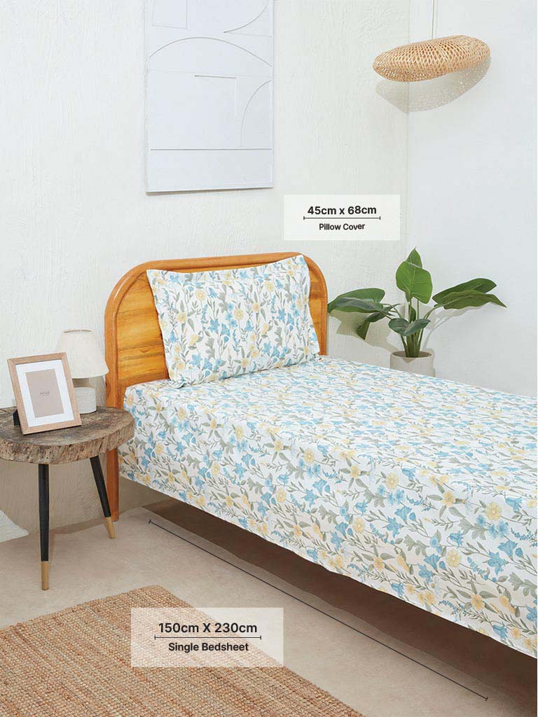 Westside Home Aqua Floral Print Single Bed Flat Sheet and Pillowcase Set