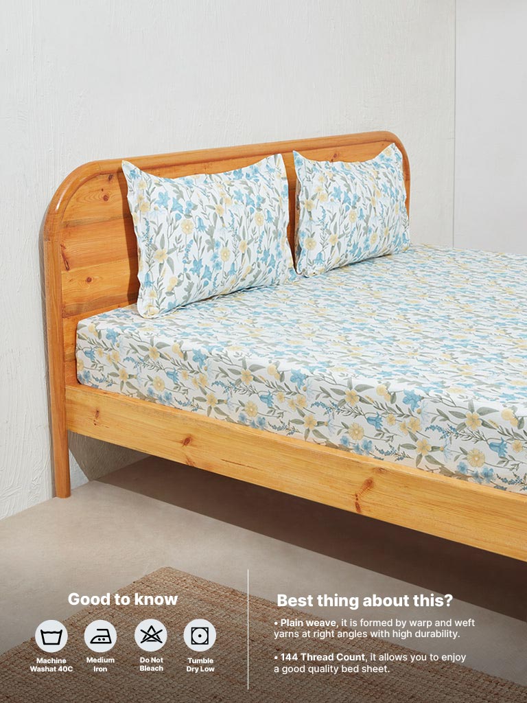 Westside Home Aqua Floral Print Double Bed Flat Sheet and Pillowcase Set