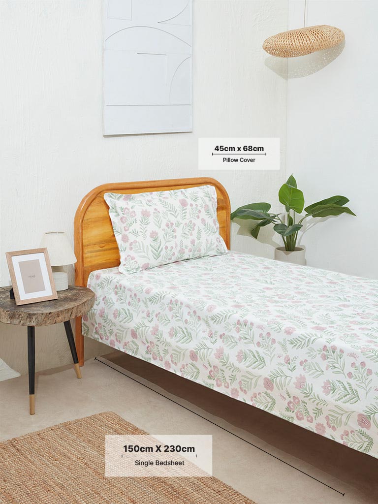 Westside Home Violet Floral Printed Single Bed Flat Sheet and Pillowcase Set