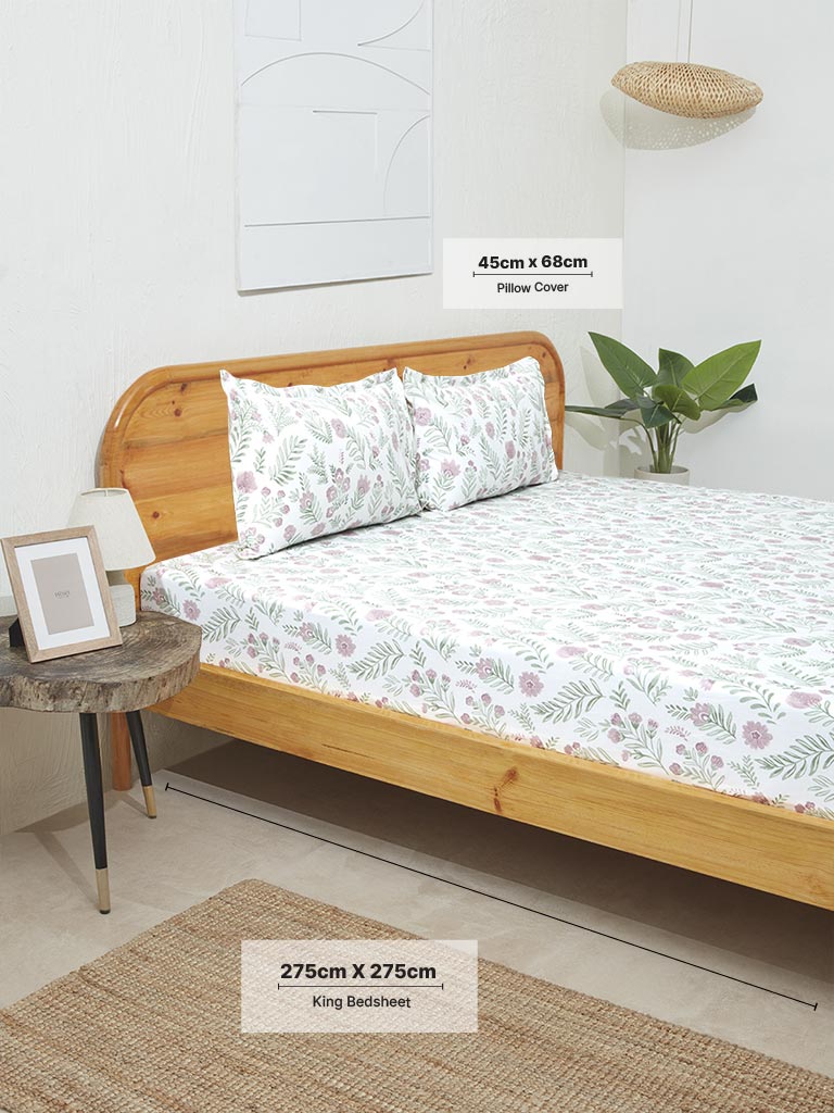 Westside Home Violet Floral Printed King Bed Flat Sheet and Pillowcase Set