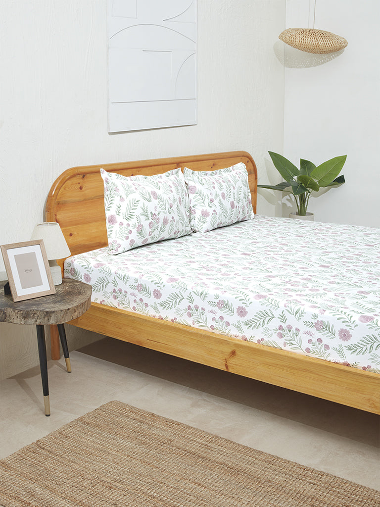 Westside Home Violet Floral Printed King Bed Flat Sheet and Pillowcase Set