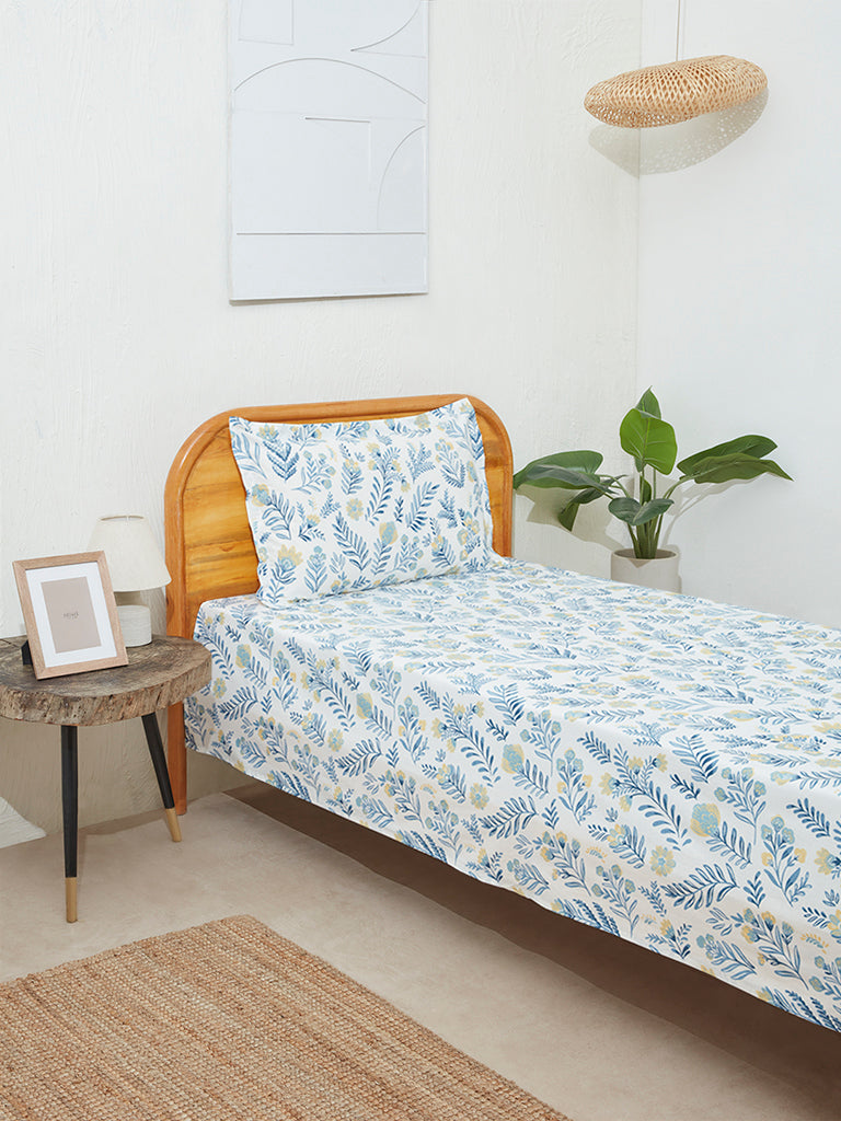Westside Home Blue Floral Single Bed Flat Sheet and Pillowcase Set