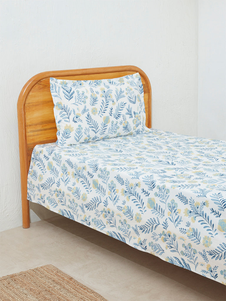 Westside Home Blue Floral Single Bed Flat Sheet and Pillowcase Set