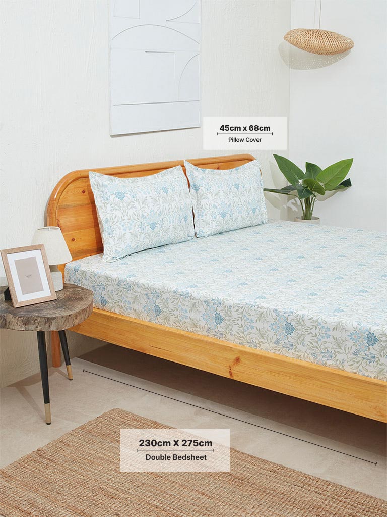 Westside Home Aqua Meadow Print Double Bed Flat Sheet and Pillowcase Set