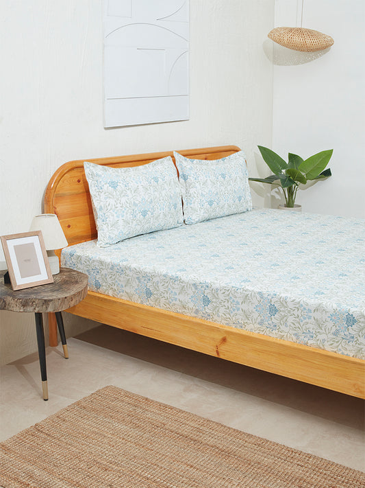 Westside Home Aqua Meadow Print King Bed Flat Sheet and Pillowcase Set