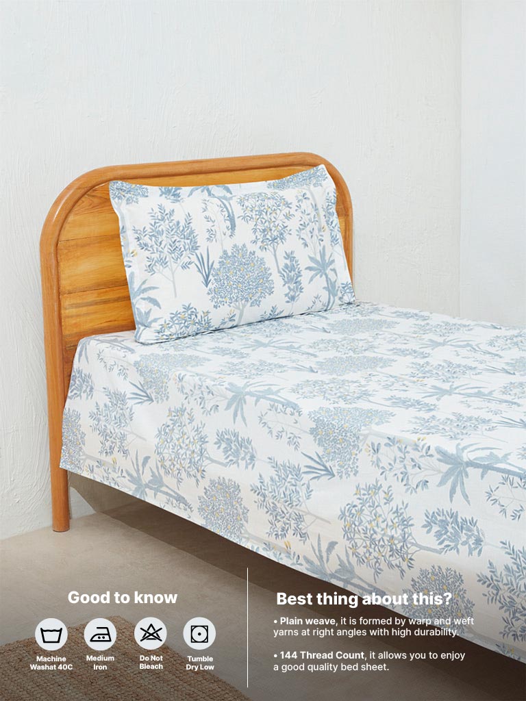 Westside Home Dusty Blue Toile Design Single Bed Flat Sheet and Pillowcase Set