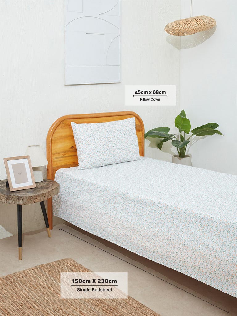 Westside Home Light Green Cherries Print Single Bed Flat Sheet and Pillowcase Set