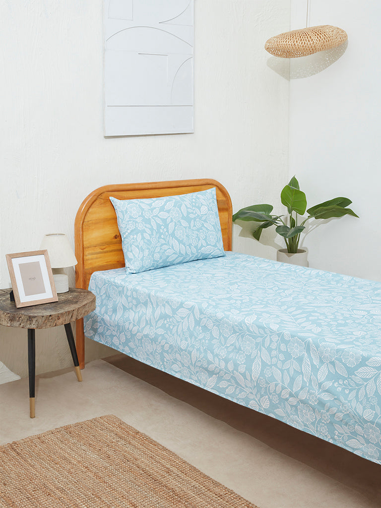Westside Home Aqua Leaf Design Single Bed Flat Sheet and Pillowcase Set