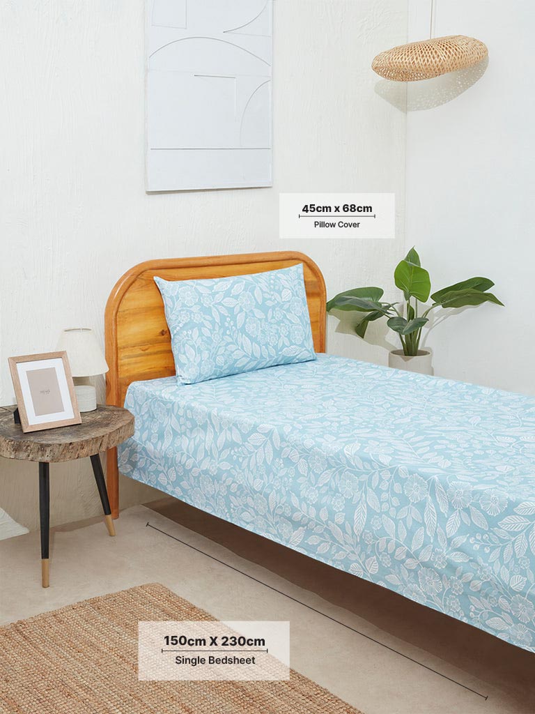 Westside Home Aqua Leaf Design Single Bed Flat Sheet and Pillowcase Set