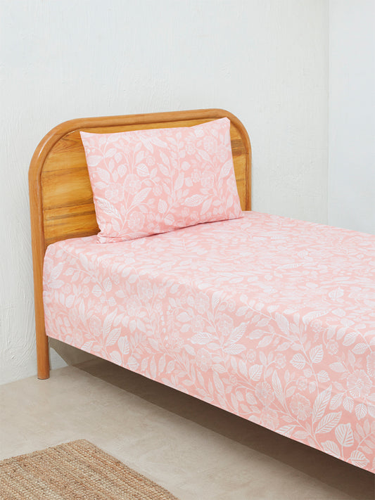 Westside Home Dusty Peach Leaf Design Single Bed Flat Sheet and Pillowcase Set