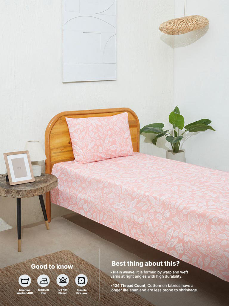 Westside Home Dusty Peach Leaf Design Single Bed Flat Sheet and Pillowcase Set