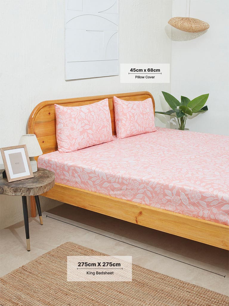 Westside Home Dusty Peach Leaf Design King Bed Flat Sheet and Pillowcase Set