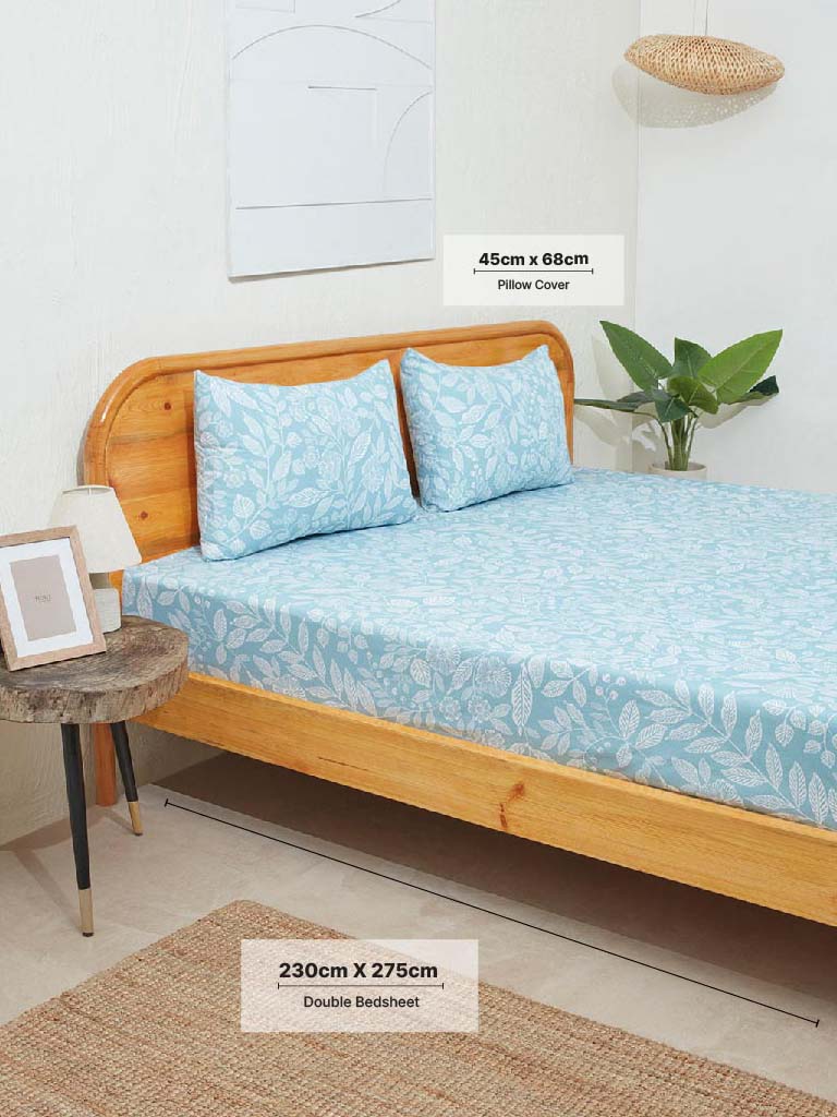 Westside Home Aqua Leaf Design Double Bed Flat Sheet and Pillowcase Set