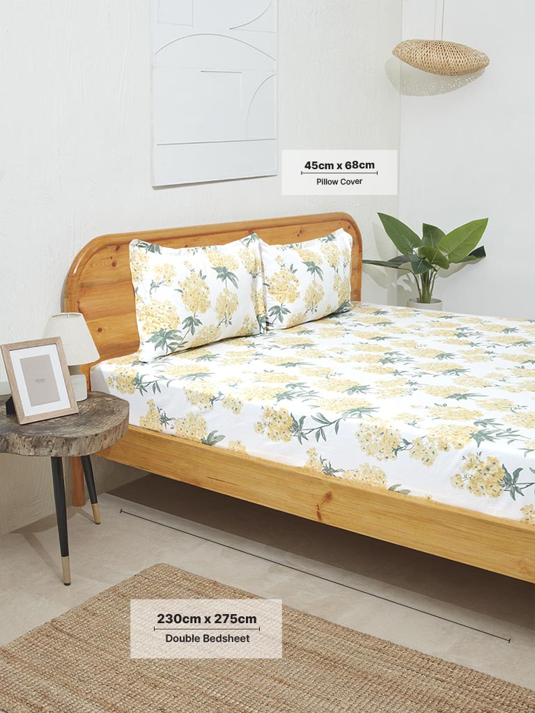 Westside Home Yellow Floral Design Double Bed Flat Sheet and Pillowcase Set