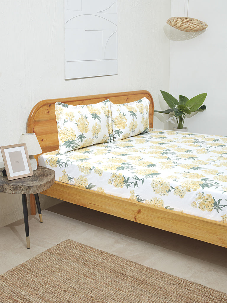 Westside Home Yellow Floral Design Double Bed Flat Sheet and Pillowcase Set