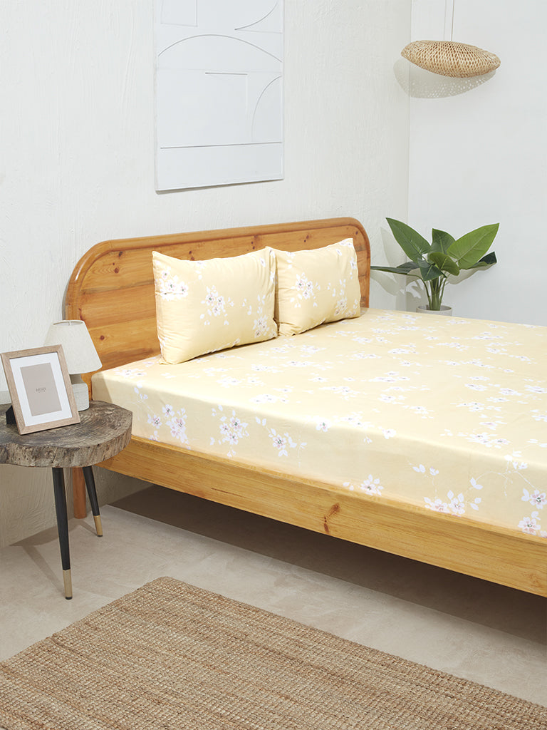 Westside Home Yellow Cherry Blossom King Bed Flat Sheet and Pillowcase Set