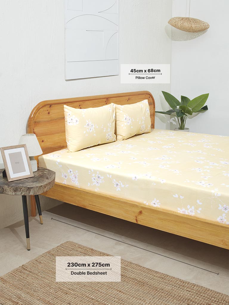 Westside Home Yellow Cherry Blossom Double Bed Flat Sheet and Pillowcase Set
