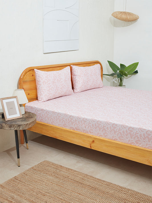 Westside Home Pink Fern King Bed Fitted Sheet and Pillowcase Set