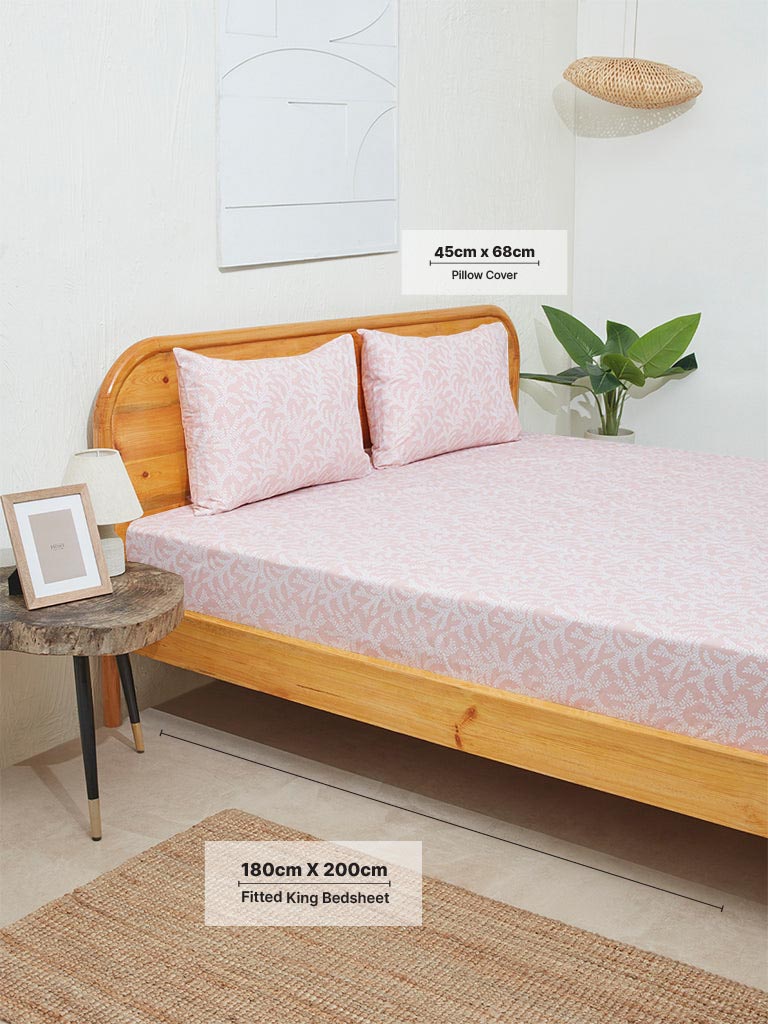 Westside Home Pink Fern King Bed Fitted Sheet and Pillowcase Set