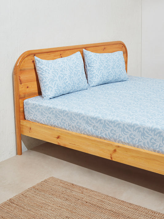 Westside Home Blue Fern King Bed Fitted Sheet and Pillowcase Set