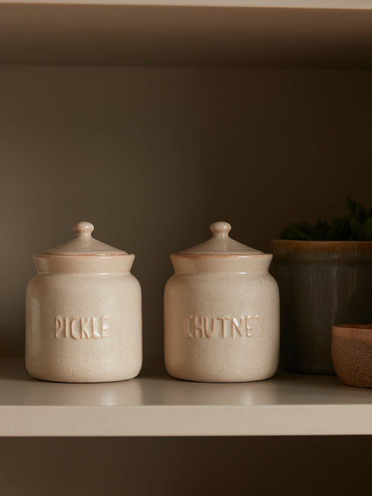 Westside Home Beige Text Embossed Chutney Storage Jar