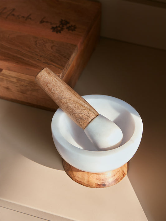 Westside Home White Marble and Wood Mortar Pestle Set