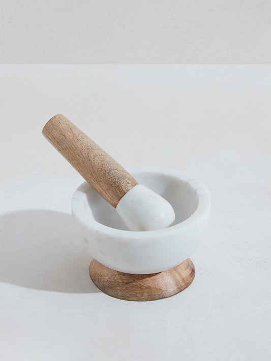 Westside Home White Marble and Wood Mortar Pestle Set
