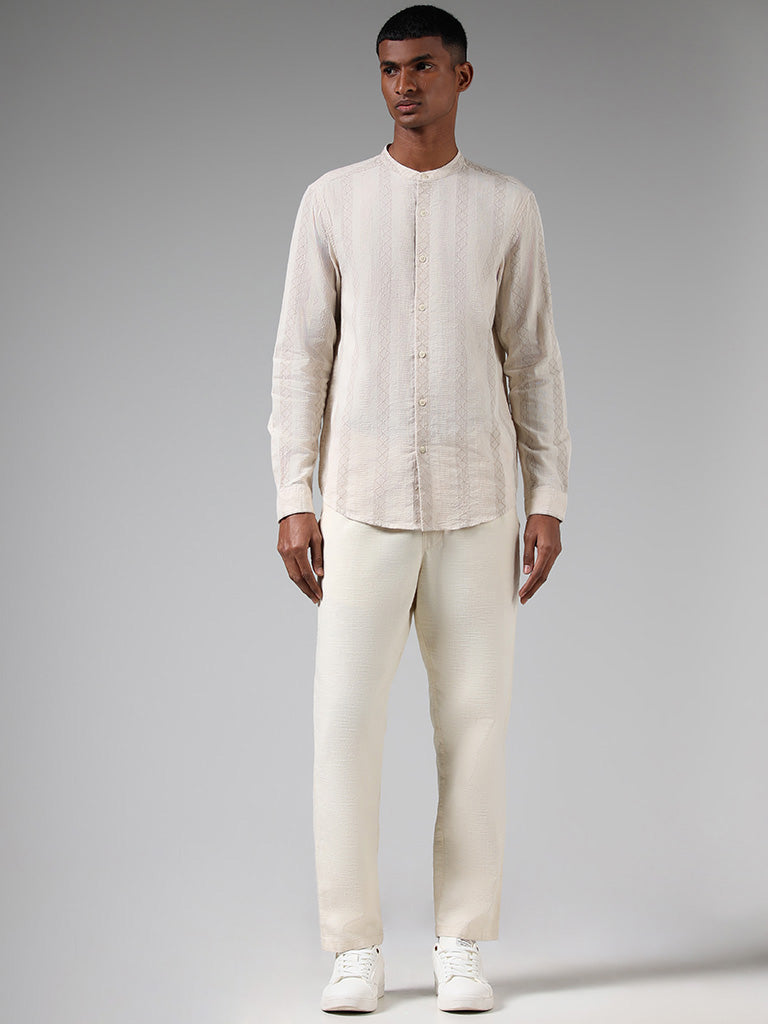 ETA Off White Thread Embroidered Cotton Resort Fit Shirt