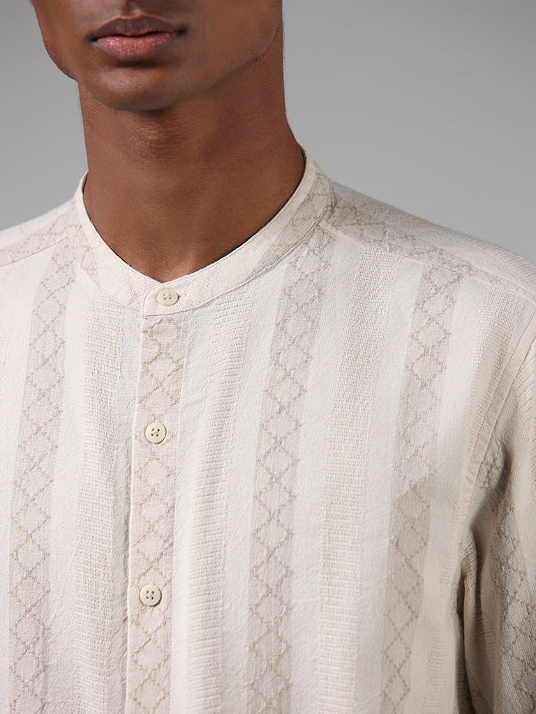 ETA Off White Thread Embroidered Cotton Resort-Fit Shirt