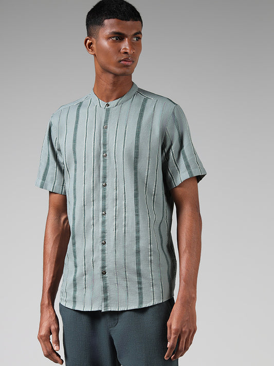 ETA Light Teal Self Striped Resort Fit Shirt