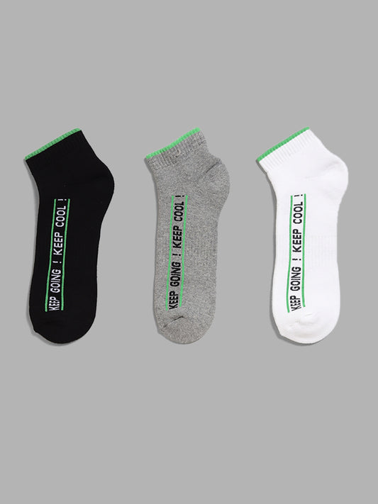 WES Lounge Grey Melange Typographic Printed Trainer Socks - Pack of 3