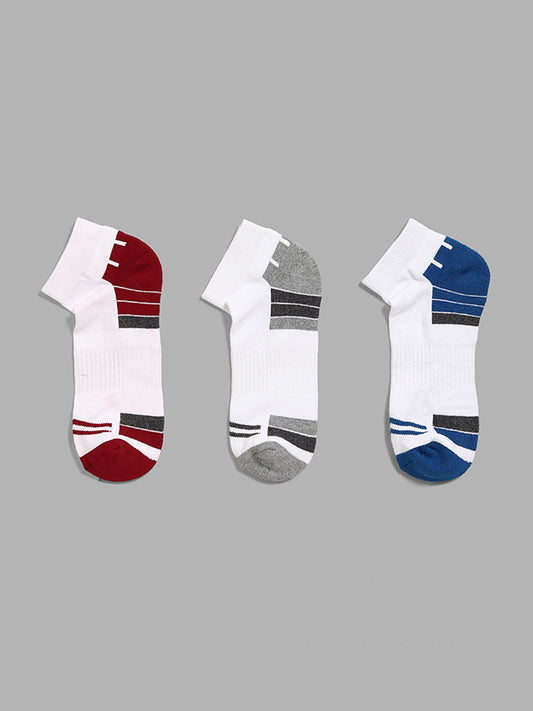 WES Lounge White Color Block Cotton Blend Trainer Socks - Pack of 3