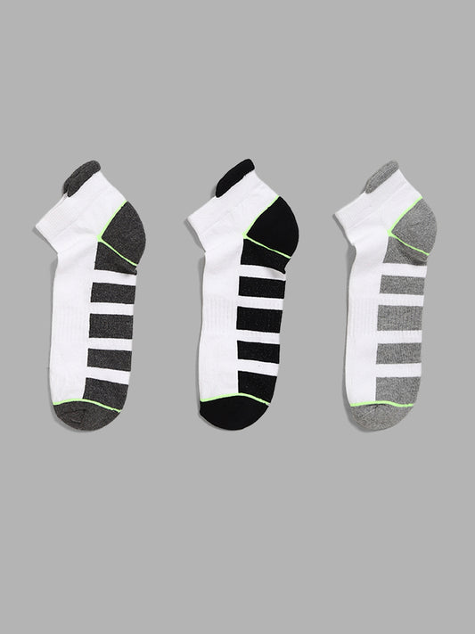 WES Lounge Grey Color Block Cotton Blend Trainer Socks - Pack of 3