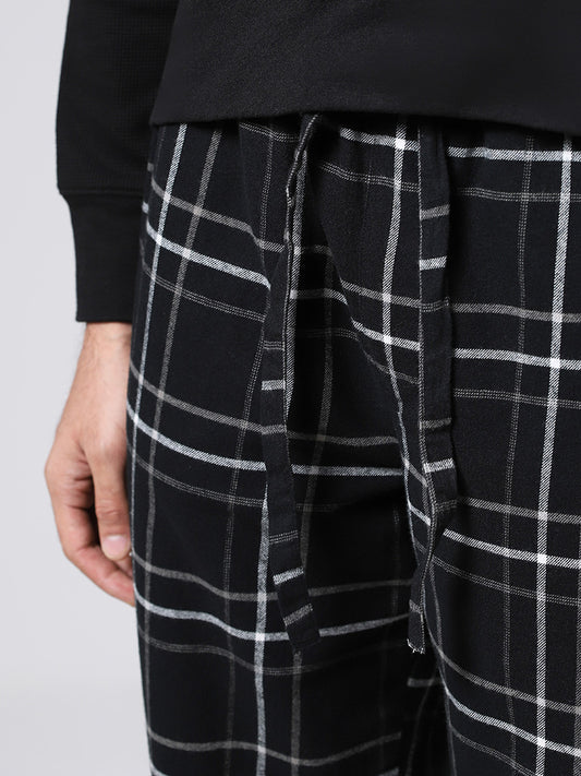 WES Lounge Black Plaid Checked Cotton Relaxed-Fit Pyjamas