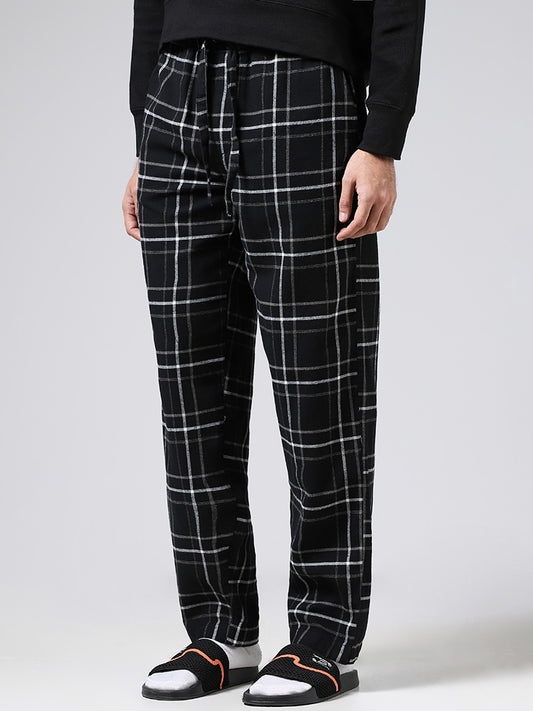 WES Lounge Black Plaid Checked Cotton Relaxed Fit Pyjamas