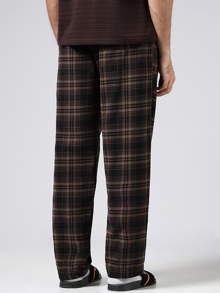WES Lounge Brown Plaid Checked Cotton Relaxed-Fit Pyjamas