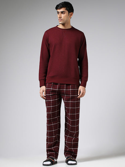 WES Lounge Maroon Plaid Checked Cotton Relaxed-Fit Pyjamas