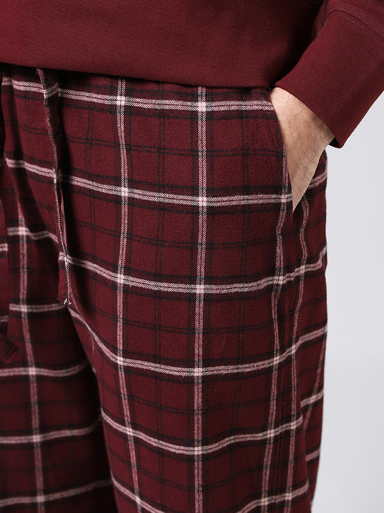 WES Lounge Maroon Plaid Checked Relaxed Fit Pyjamas