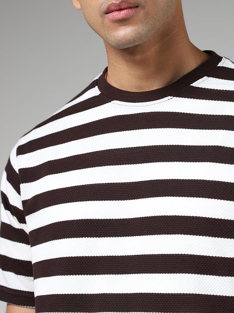 WES Lounge Brown & White Striped Cotton Blend Relaxed-Fit T-Shirt