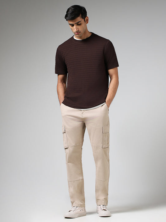 WES Lounge Brown Self-Striped Relaxed Fit T-Shirt
