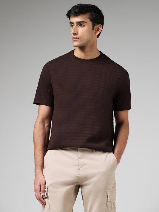 WES Lounge Brown Self-Striped Relaxed Fit T-Shirt